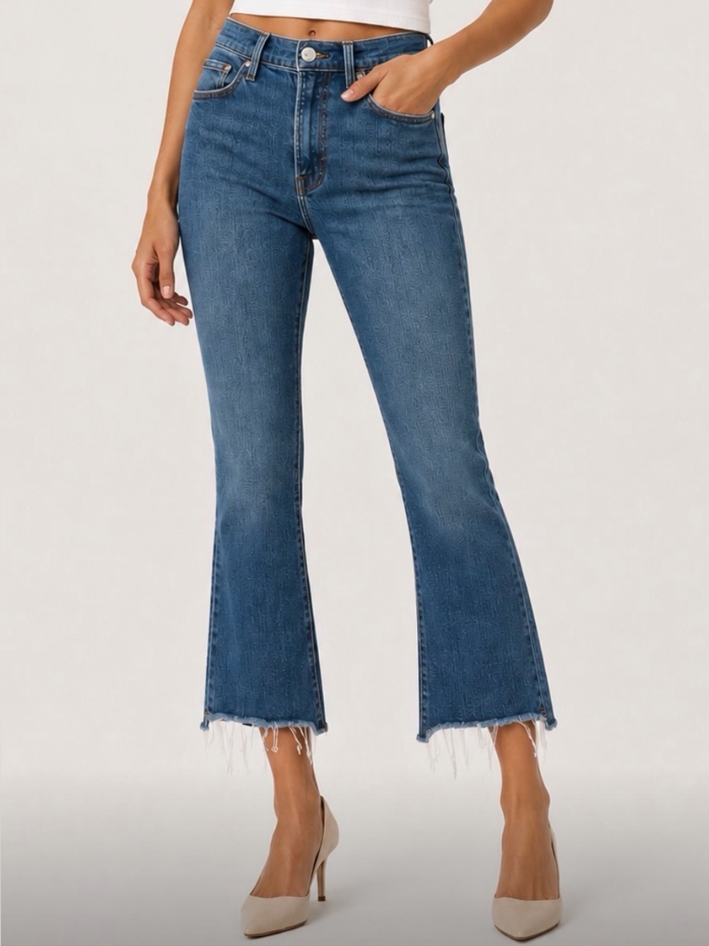 Frame Denim Mid-Blue High-Rise Cropped Flare Jeans